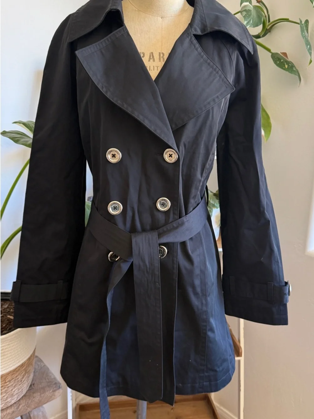 MICHAEL Michael Kors Black Double-Breasted Trench Coat Rain Coat with Belt - Picture 8 of 8